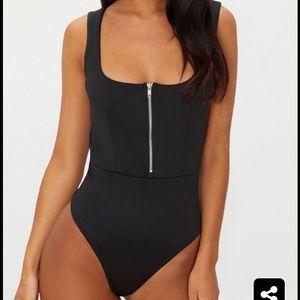 Black Scuba Zip Front Thong Bodysuit